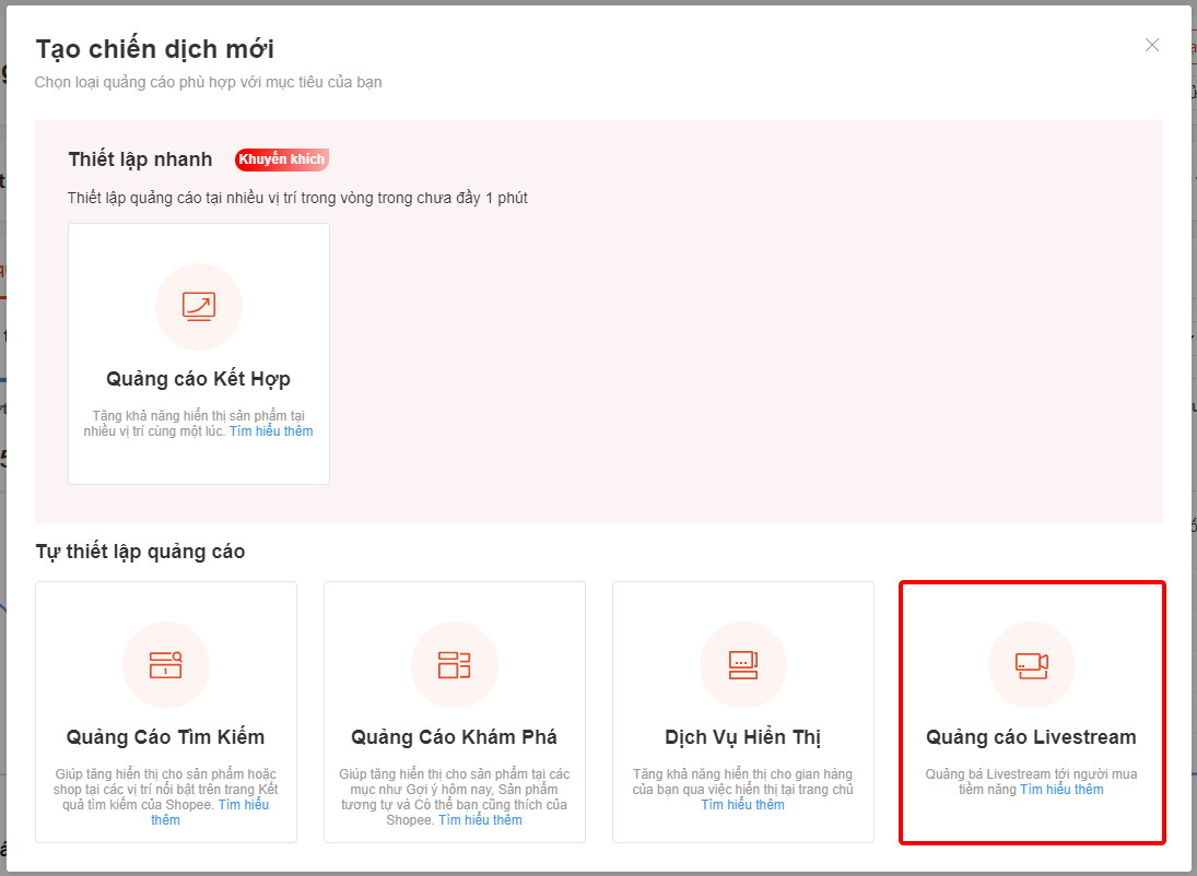 quang cao livestream shopee