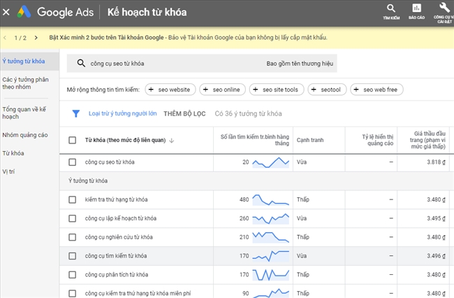 Keyword Planner Cong cY phan tich tY khoa vYi Google Ads